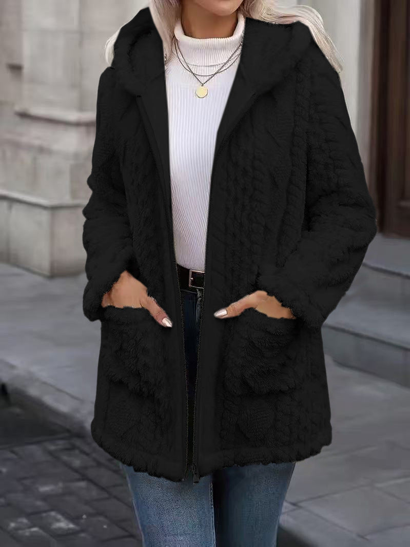 Cable Textured Plush Hooded Longline Coat With Pockets - Black - 2