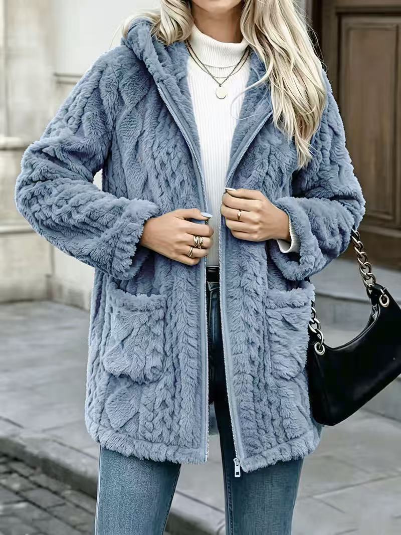 Cable Textured Plush Hooded Longline Coat With Pockets - Blue