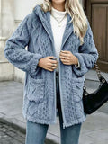 Cable Textured Plush Hooded Longline Coat With Pockets - Blue