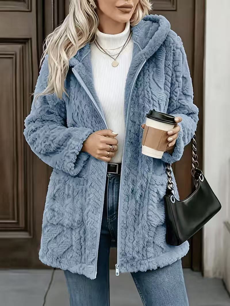 Cable Textured Plush Hooded Longline Coat With Pockets - Blue - 1