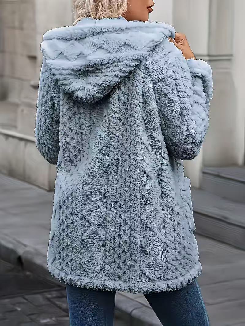 Cable Textured Plush Hooded Longline Coat With Pockets - Blue - 2