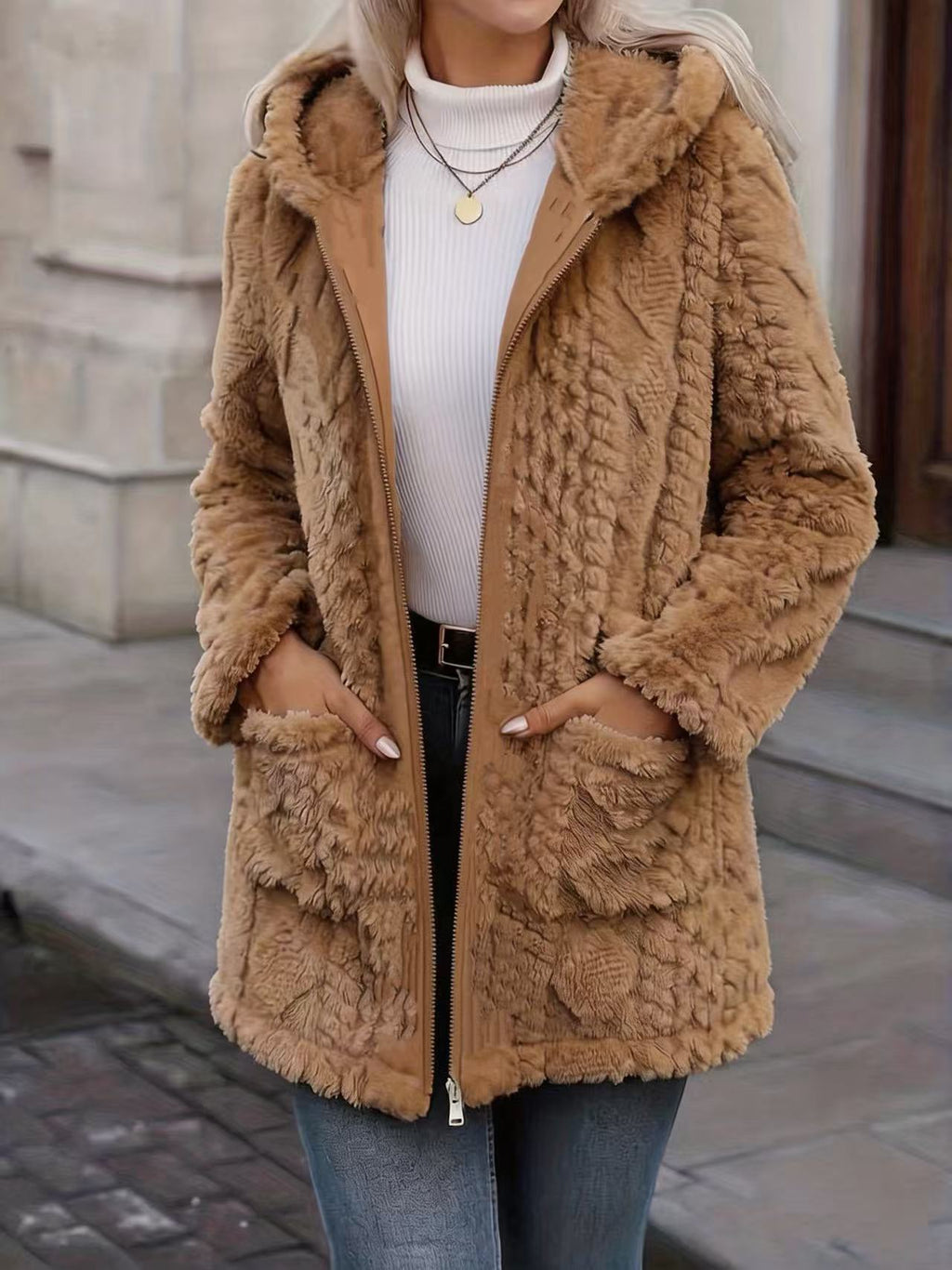 Cable Textured Plush Hooded Longline Coat With Pockets - Brown
