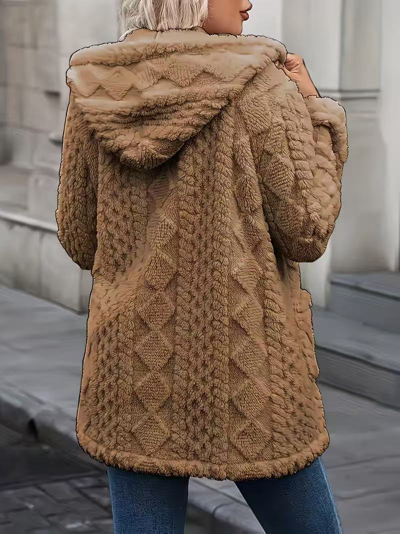 Cable Textured Plush Hooded Longline Coat With Pockets - Brown - 1
