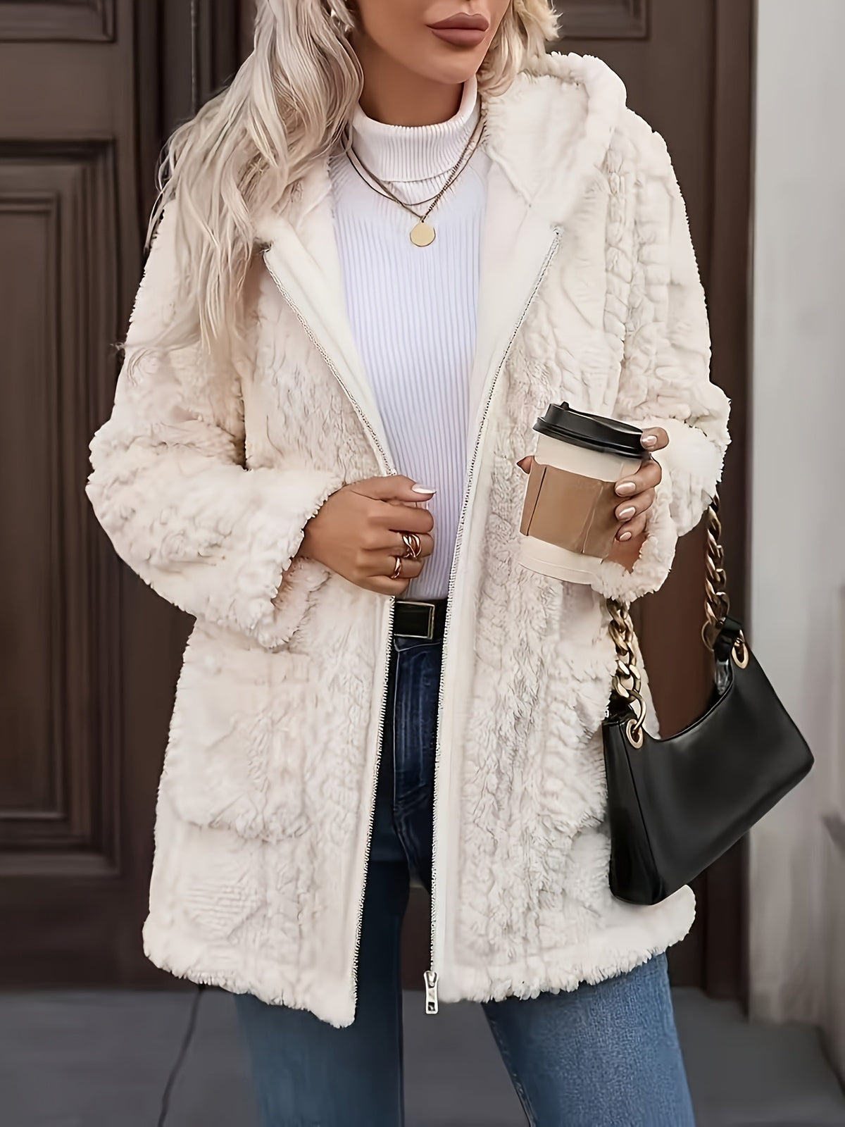 Cable Textured Plush Hooded Longline Coat With Pockets - White