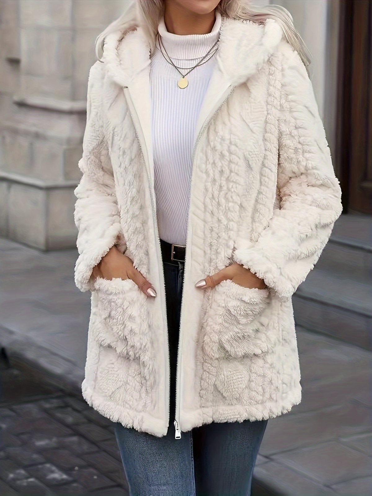 Cable Textured Plush Hooded Longline Coat With Pockets - White - 1
