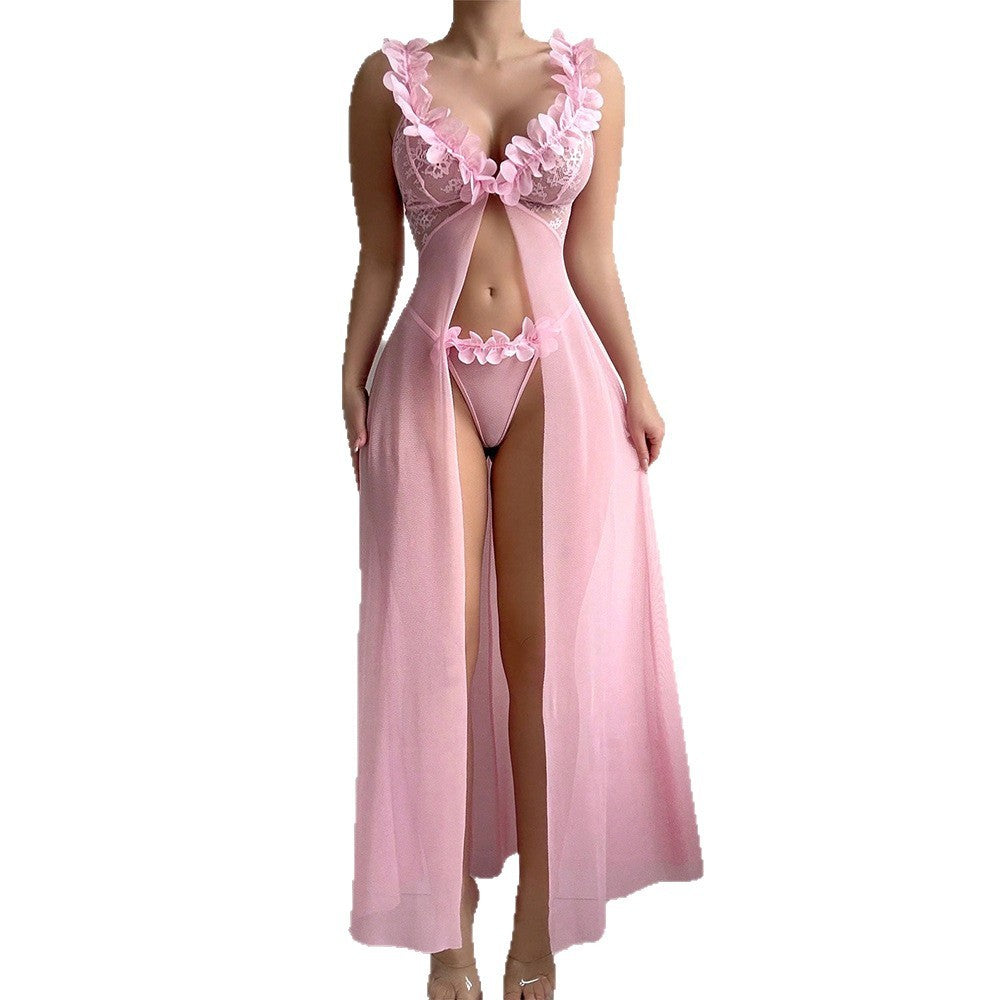 Petal Ruffle Sheer Mesh Split Gown And Thong Set