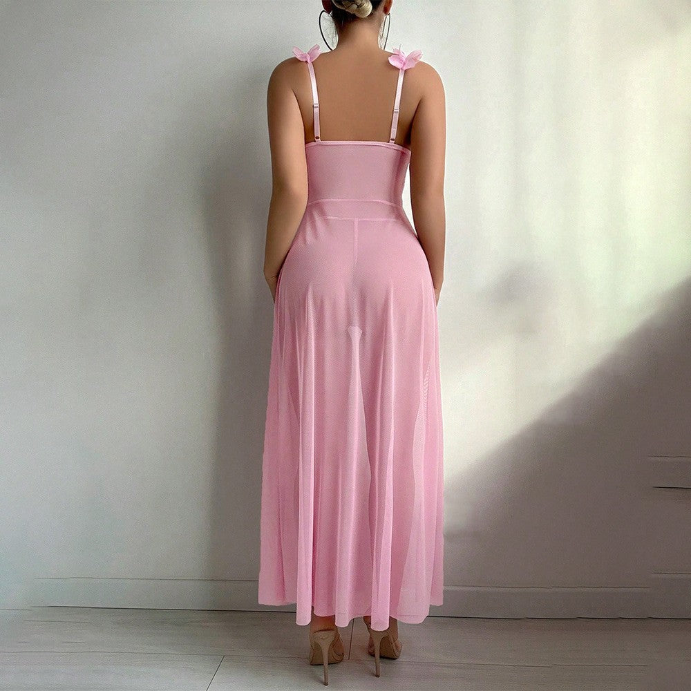 Petal Ruffle Sheer Mesh Split Gown And Thong Set