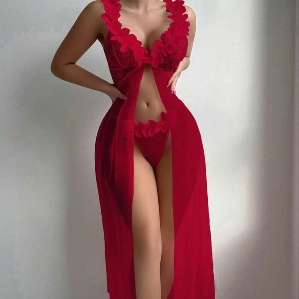 Petal Ruffle Sheer Mesh Split Gown And Thong Set