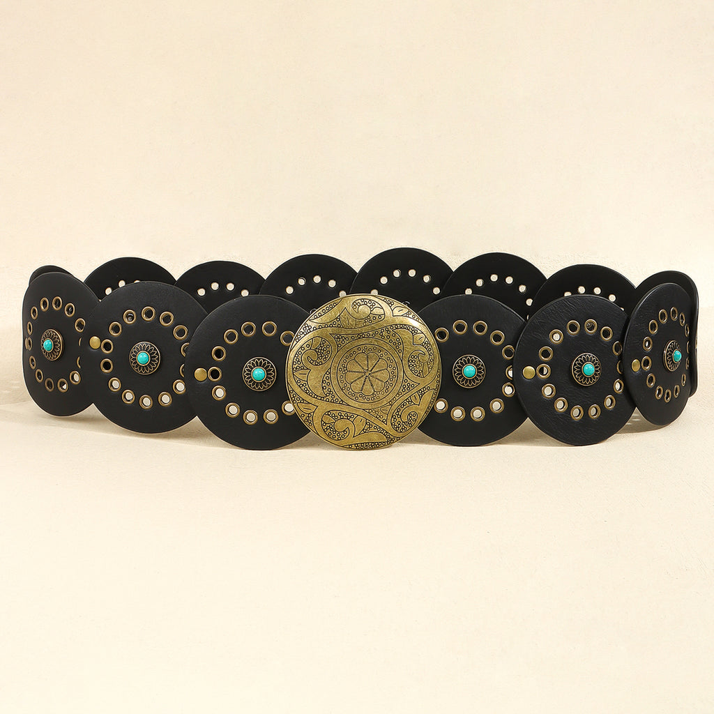 Western Concho Disc Studded Leather Belt - Black - 1