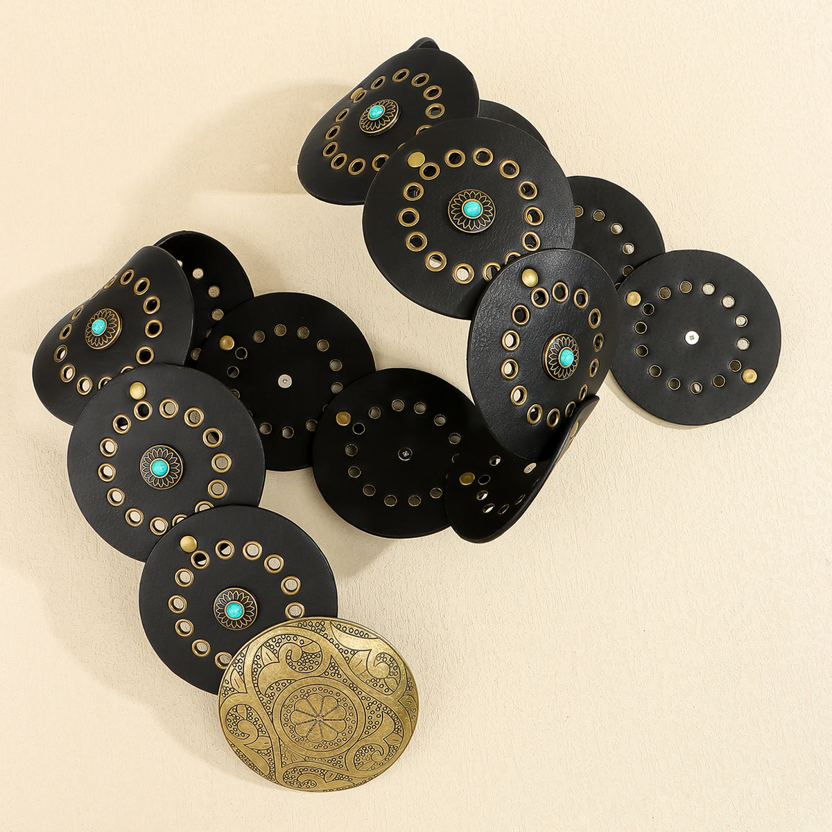 Western Concho Disc Studded Leather Belt - Black - 2