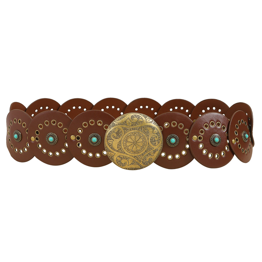 Western Concho Disc Studded Leather Belt - Brown