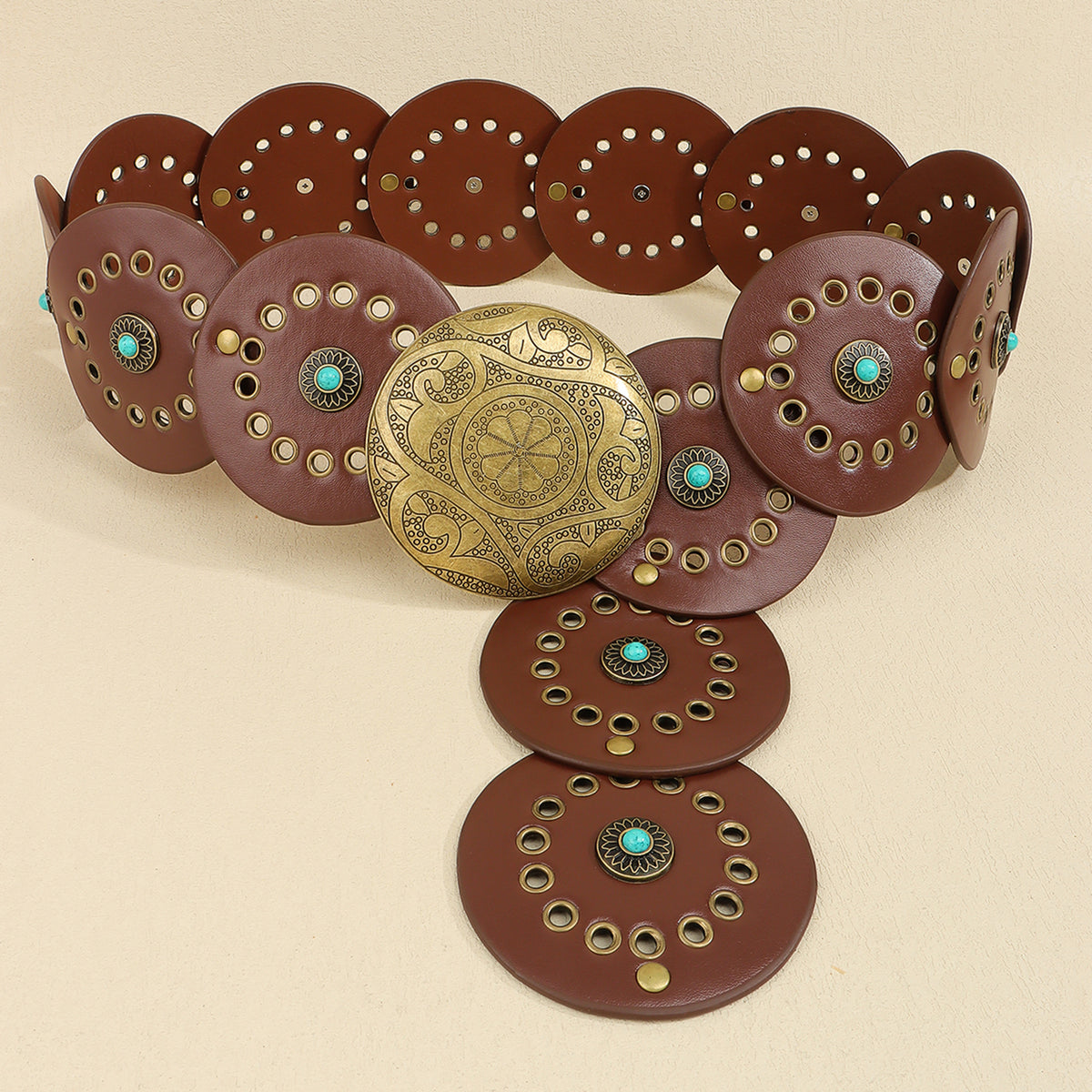 Western Concho Disc Studded Leather Belt - Brown - 3