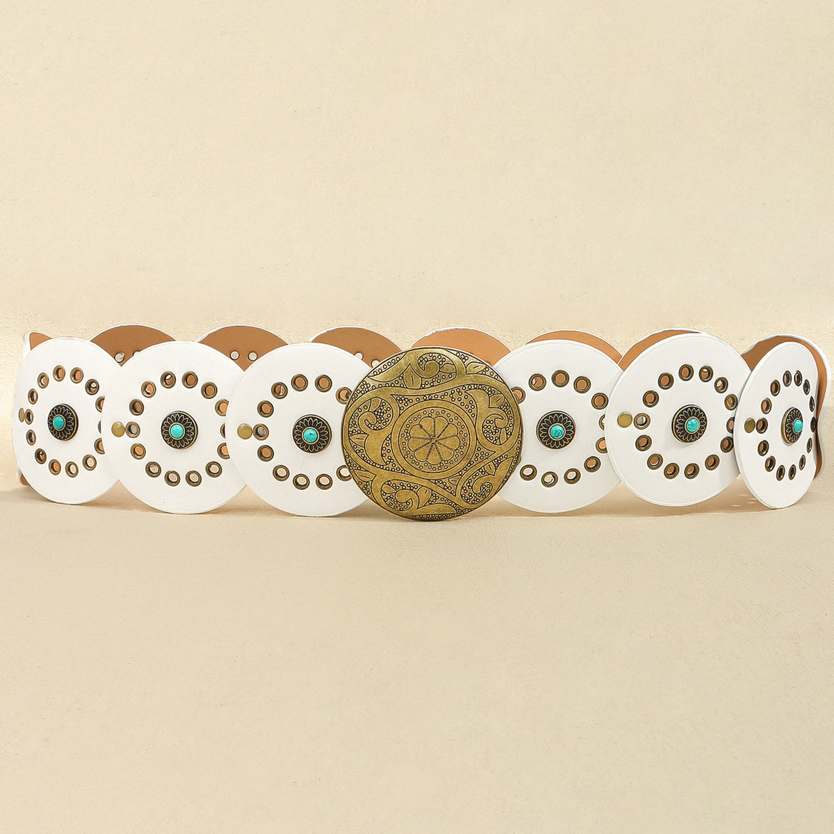 Western Concho Disc Studded Leather Belt - White