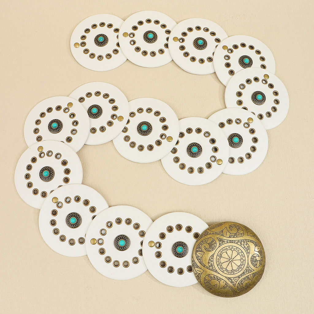 Western Concho Disc Studded Leather Belt - White - 1