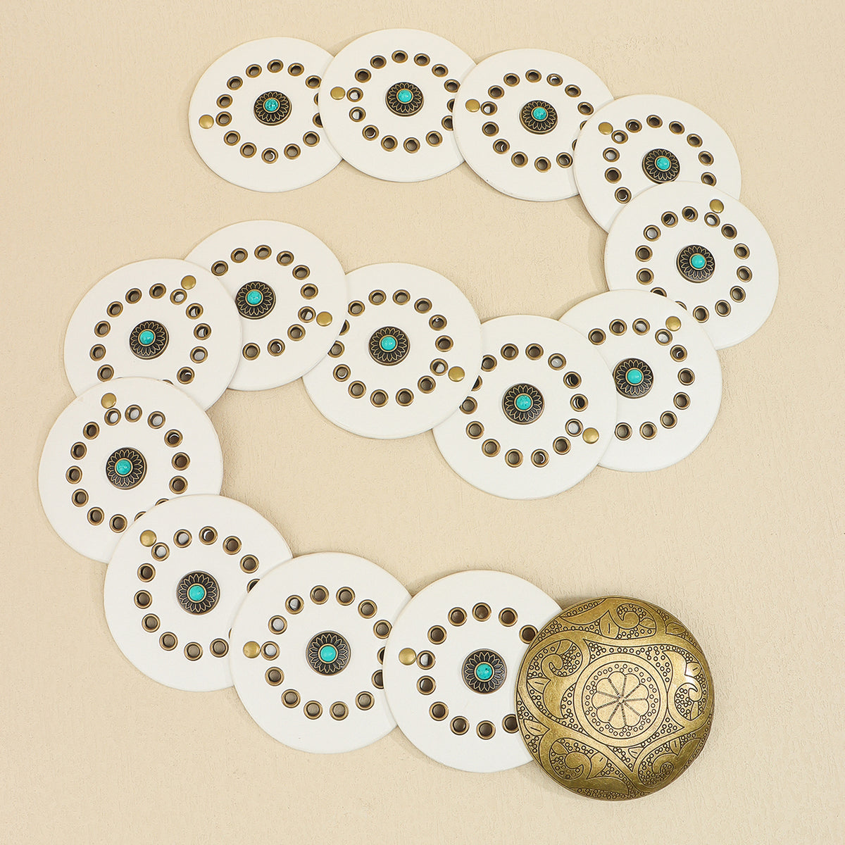 Western Concho Disc Studded Leather Belt - White - 1