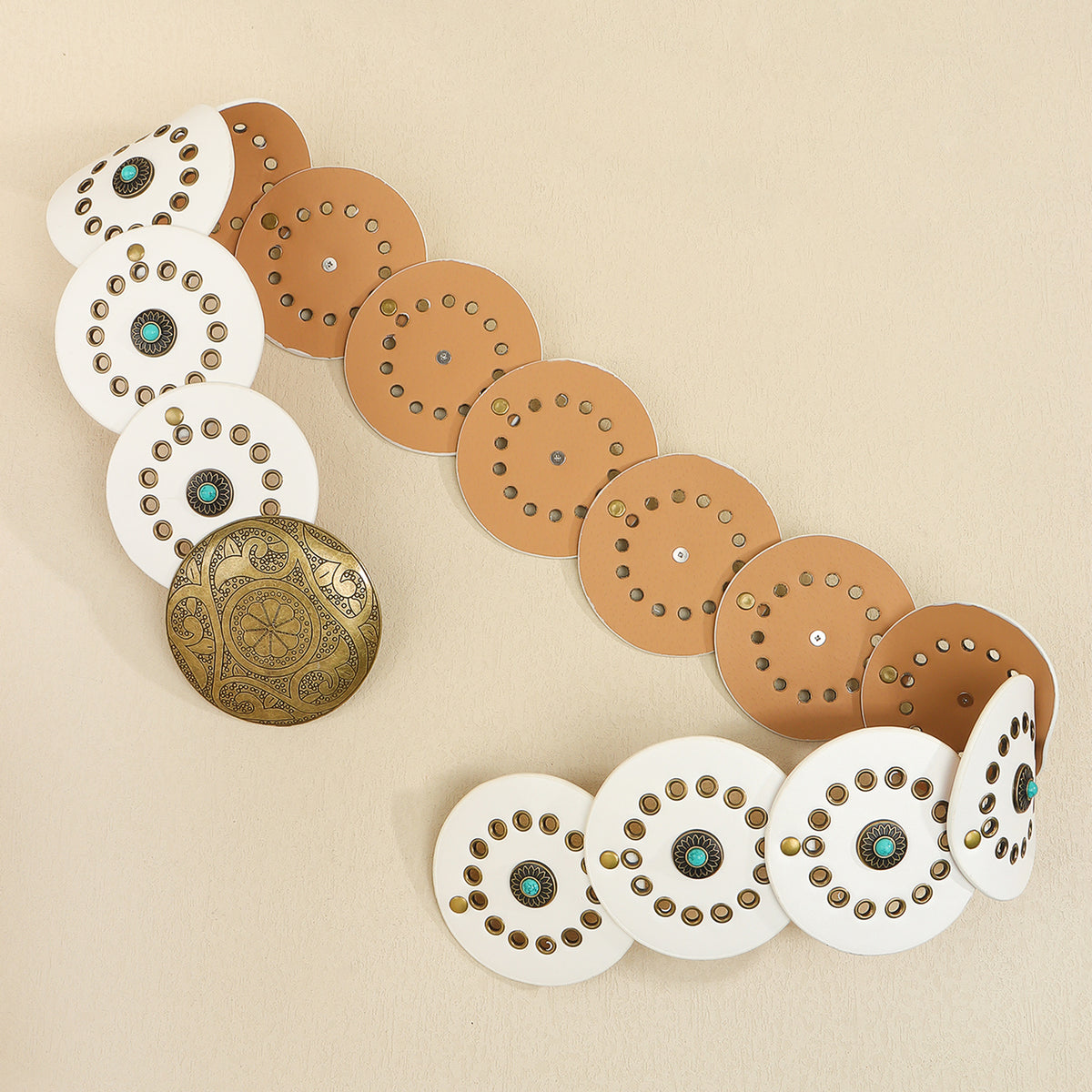 Western Concho Disc Studded Leather Belt - White - 2