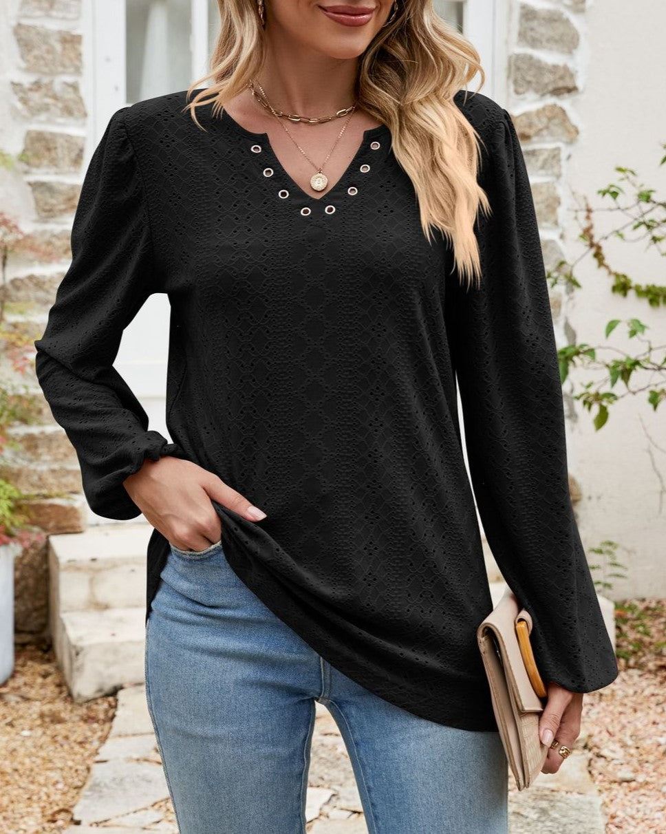 Eyelet Knit Grommet Split Neck Tunic Top - Black - 1