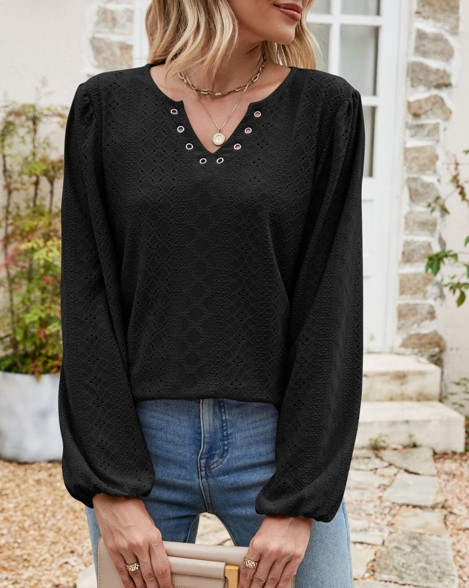 Eyelet Knit Grommet Split Neck Tunic Top - Black - 3