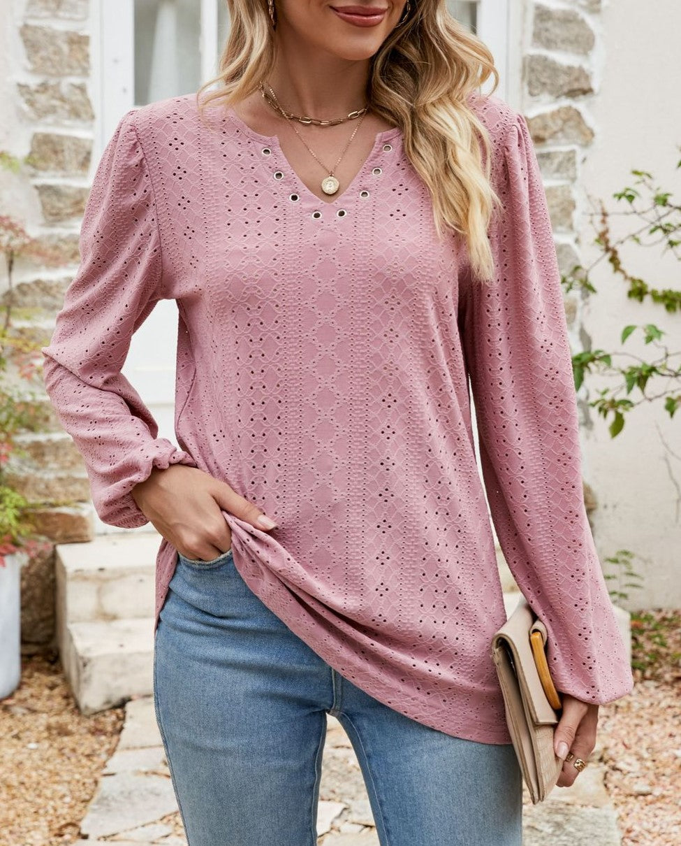 Eyelet Knit Grommet Split Neck Tunic Top - DarkPink