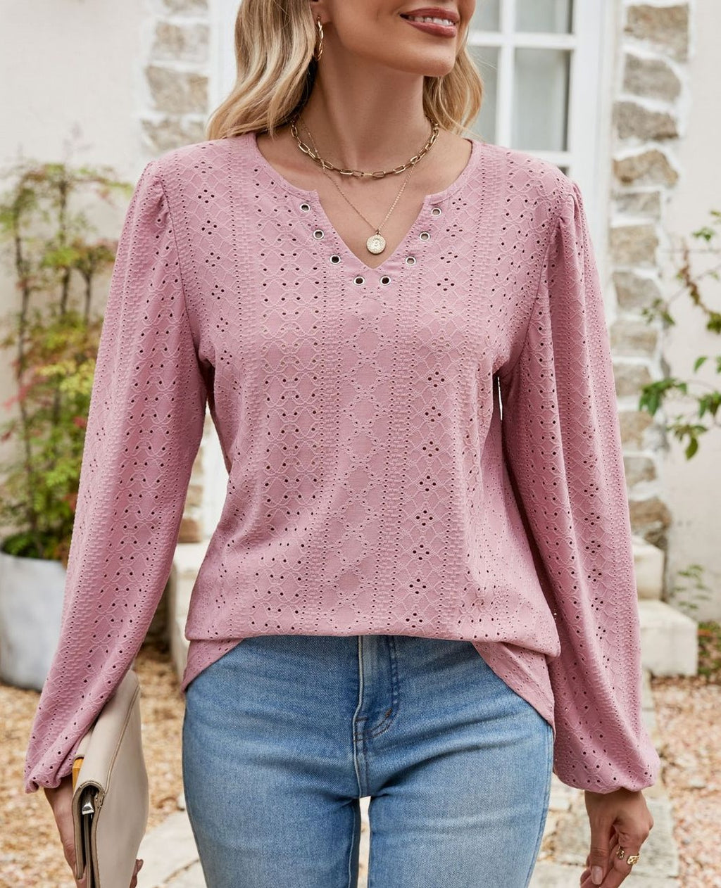 Eyelet Knit Grommet Split Neck Tunic Top - DarkPink - 1
