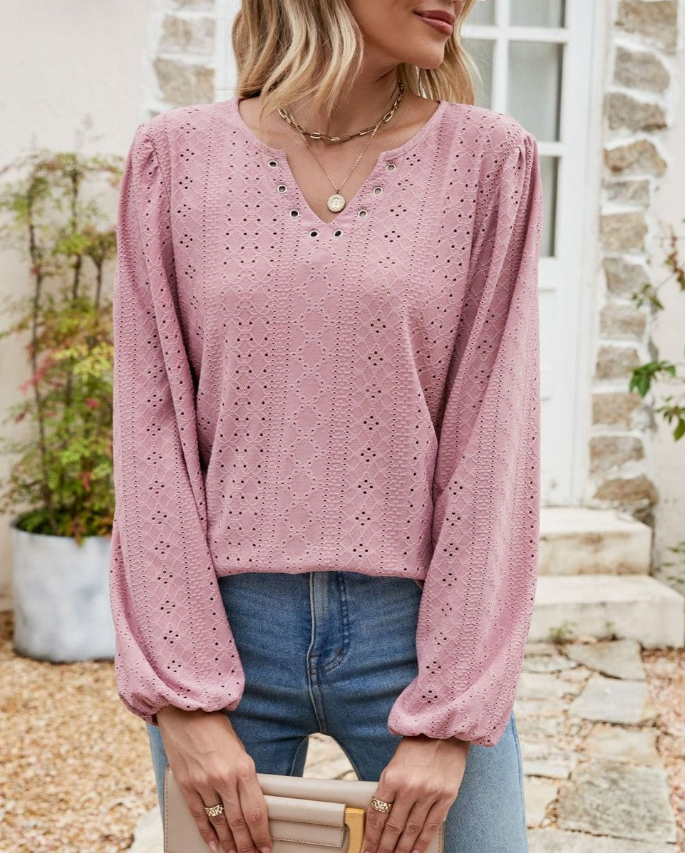 Eyelet Knit Grommet Split Neck Tunic Top - DarkPink - 2