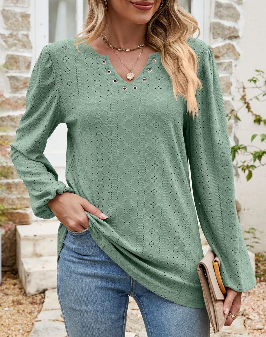 Eyelet Knit Grommet Split Neck Tunic Top - Green - 1