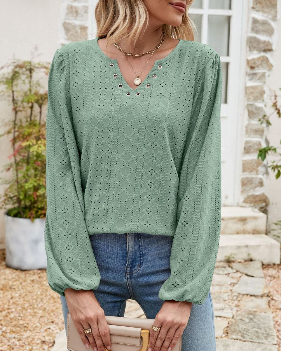 Eyelet Knit Grommet Split Neck Tunic Top - Green - 2