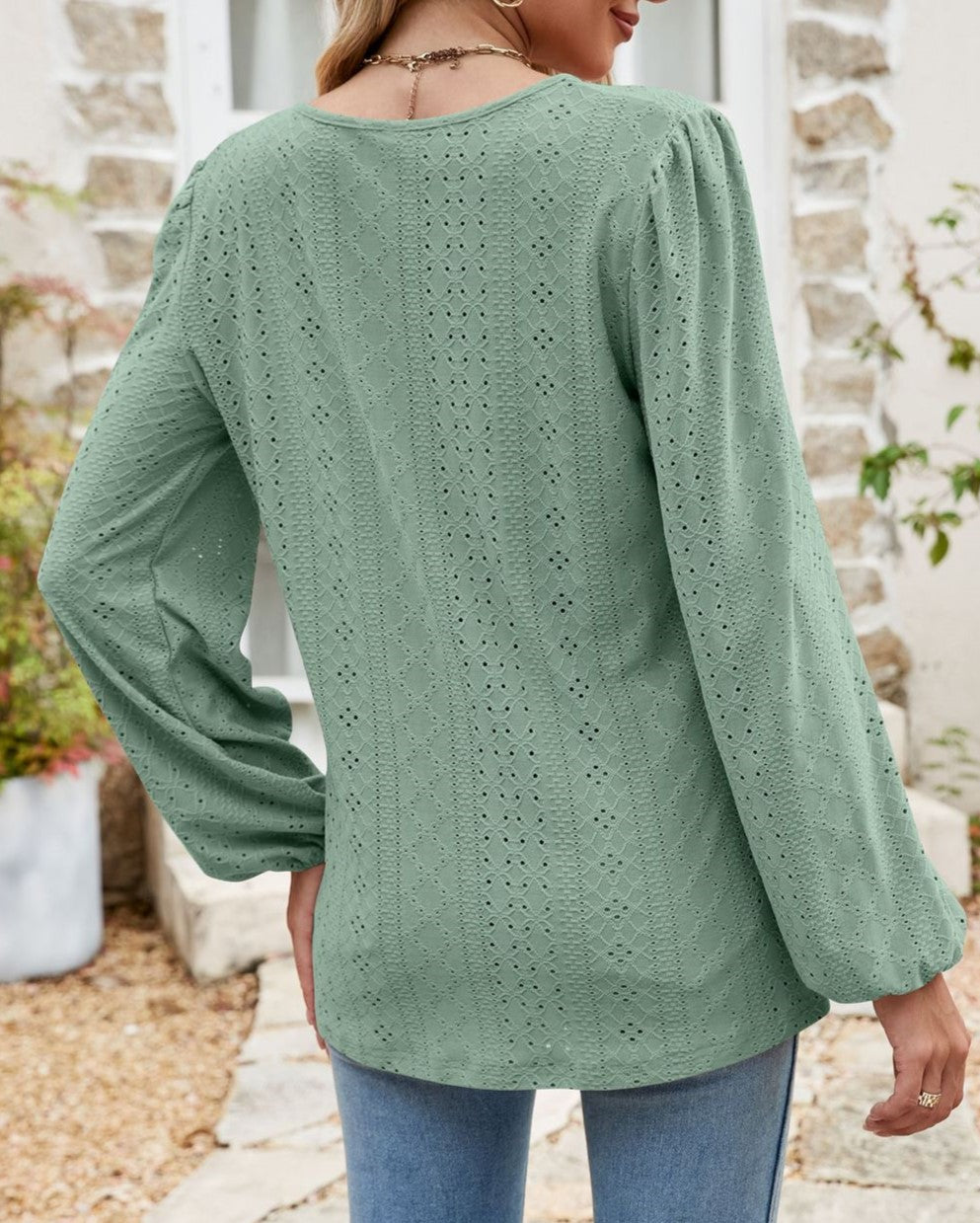 Eyelet Knit Grommet Split Neck Tunic Top - Green - 3