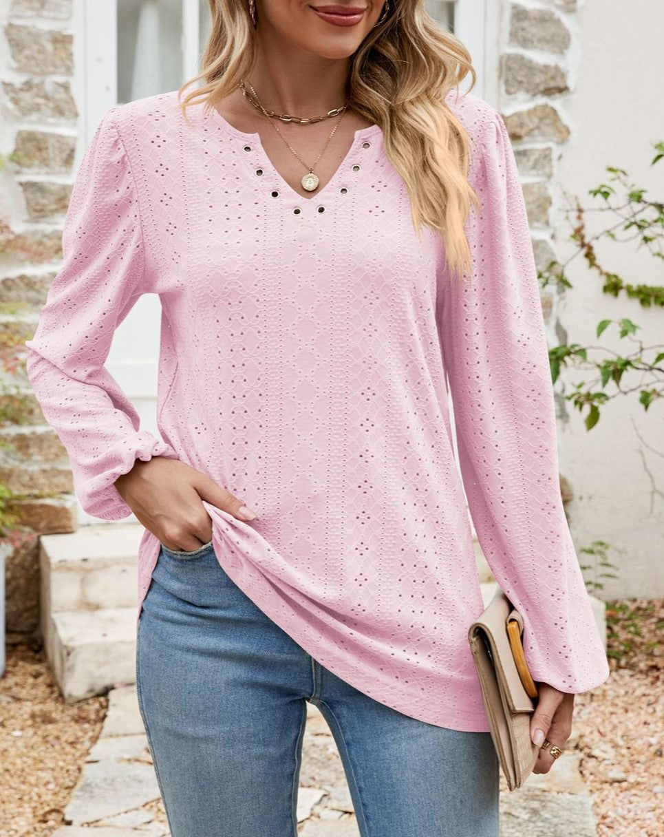 Eyelet Knit Grommet Split Neck Tunic Top - Pink