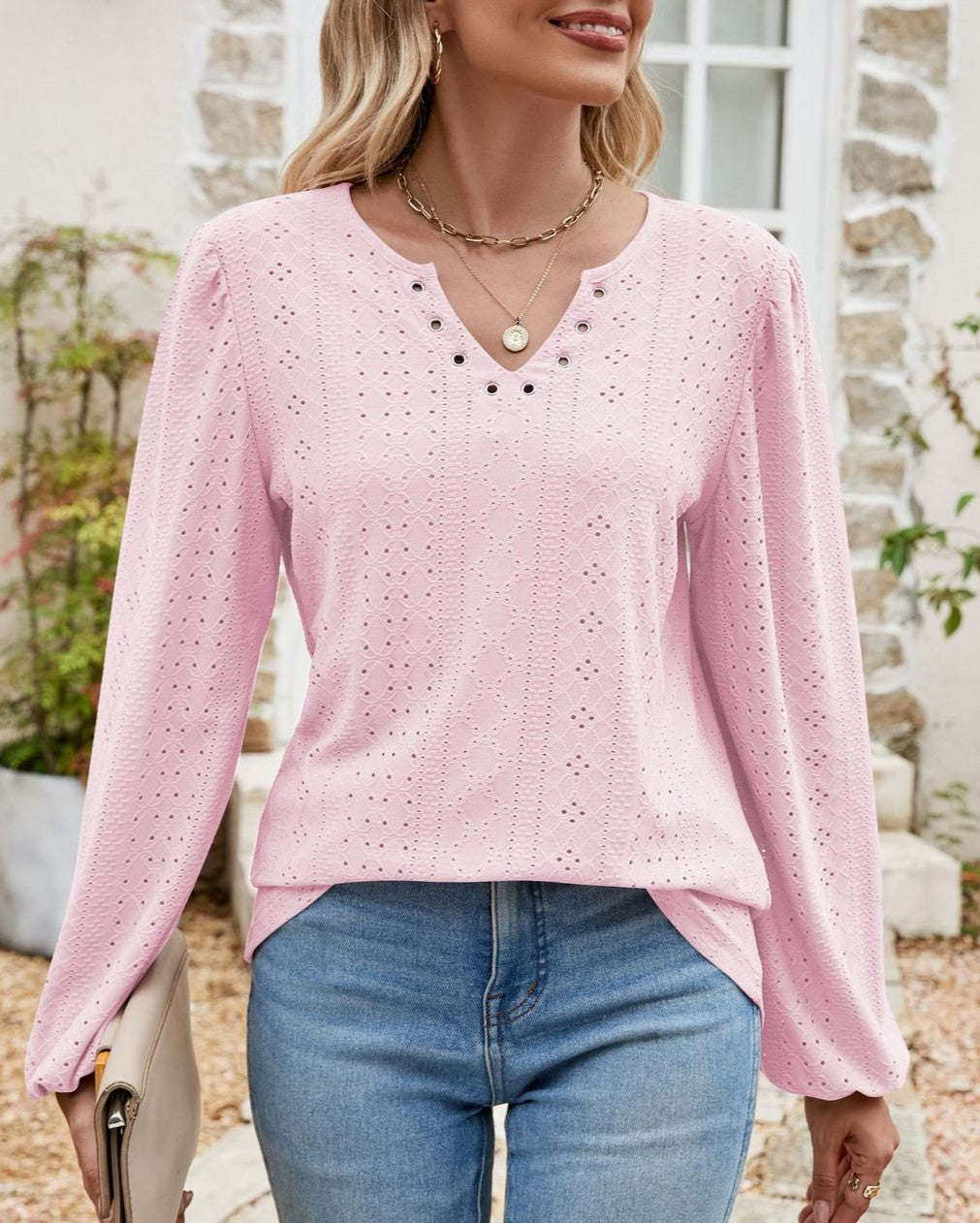 Eyelet Knit Grommet Split Neck Tunic Top - Pink - 1