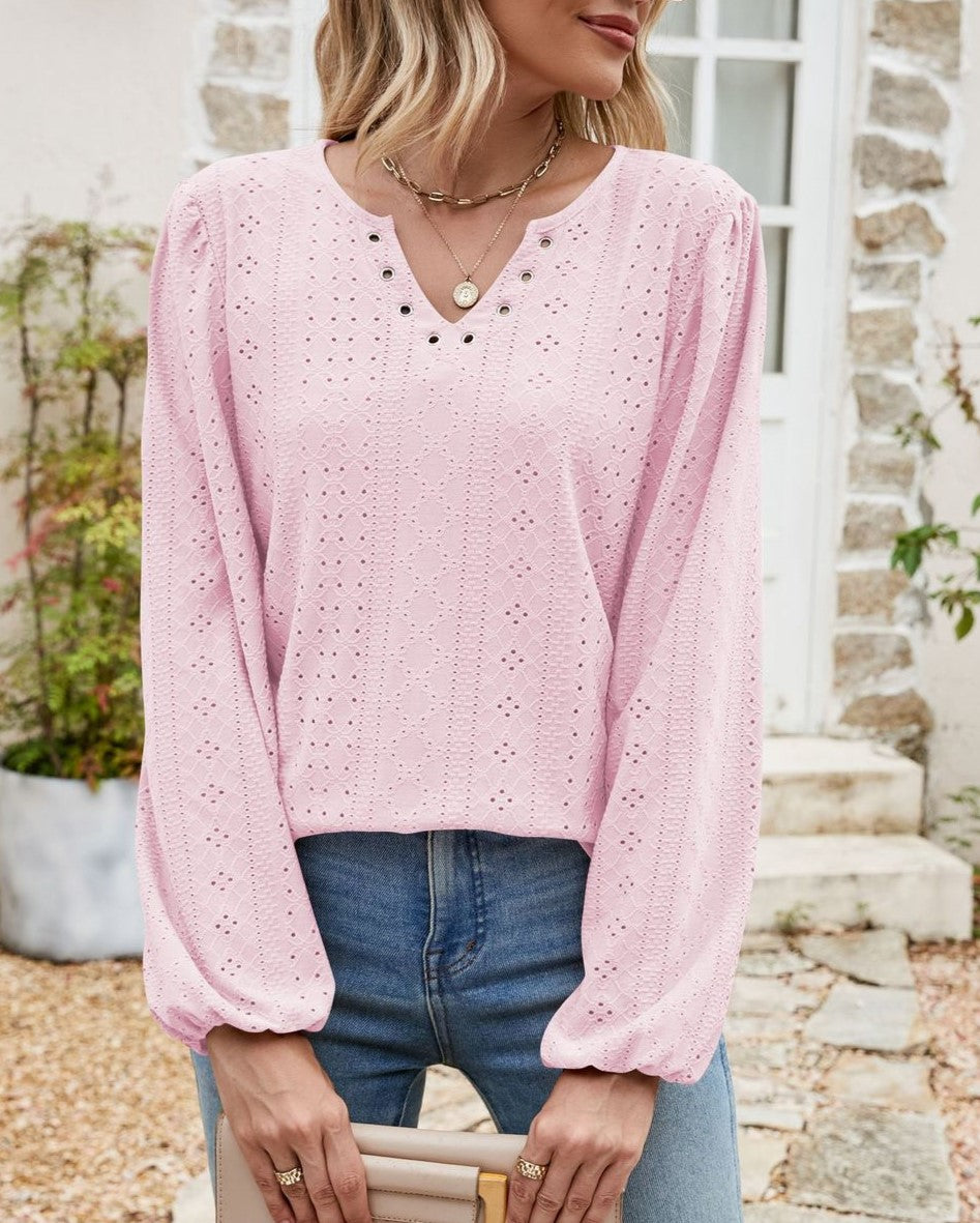 Eyelet Knit Grommet Split Neck Tunic Top - Pink - 2