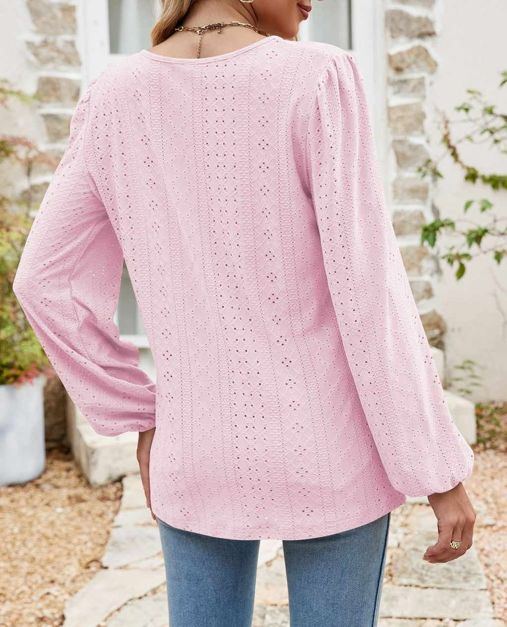 Eyelet Knit Grommet Split Neck Tunic Top - Pink - 3