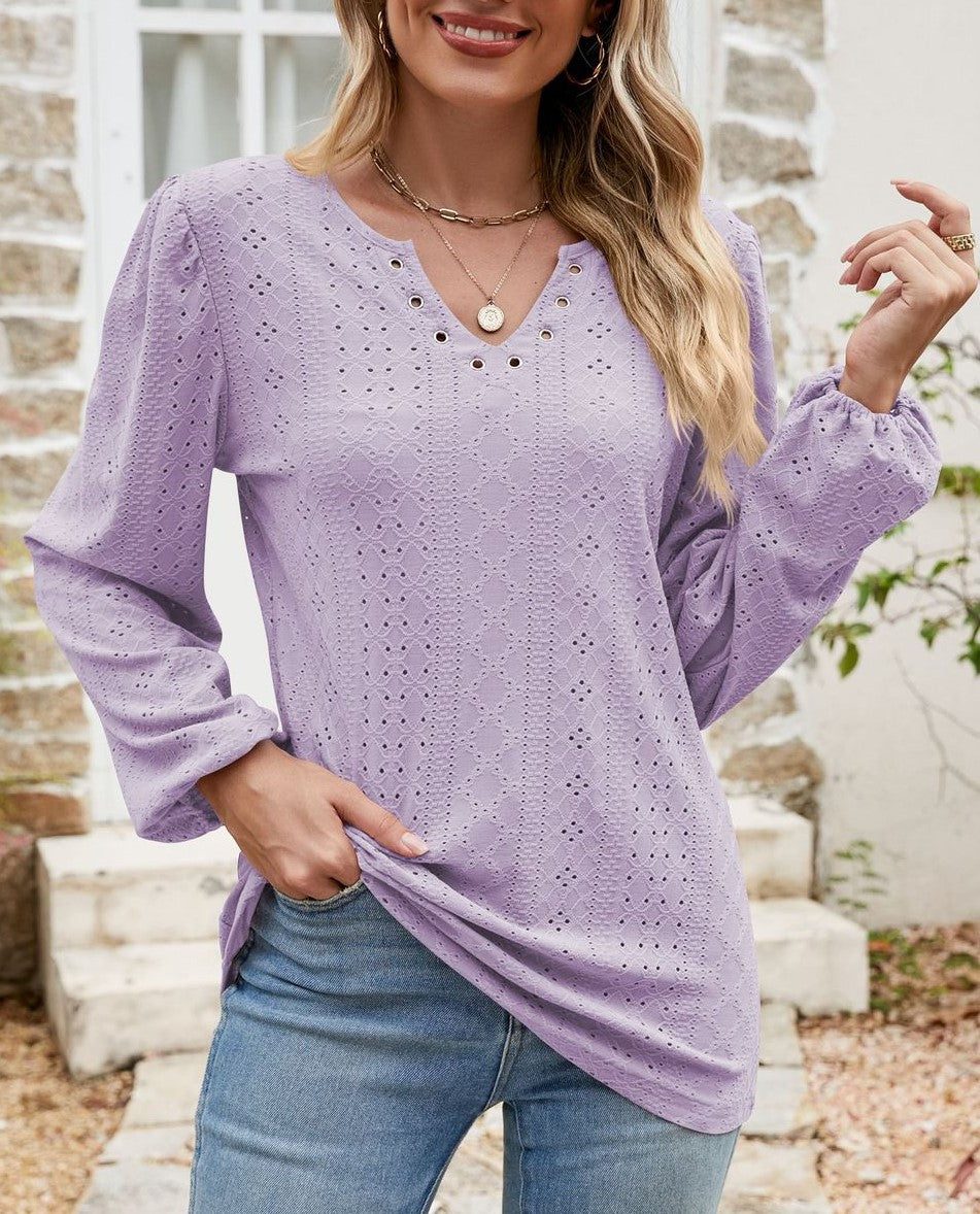 Eyelet Knit Grommet Split Neck Tunic Top - Purple