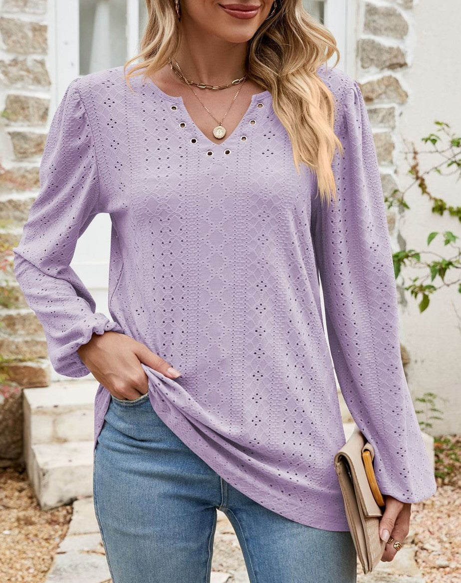 Eyelet Knit Grommet Split Neck Tunic Top - Purple - 1