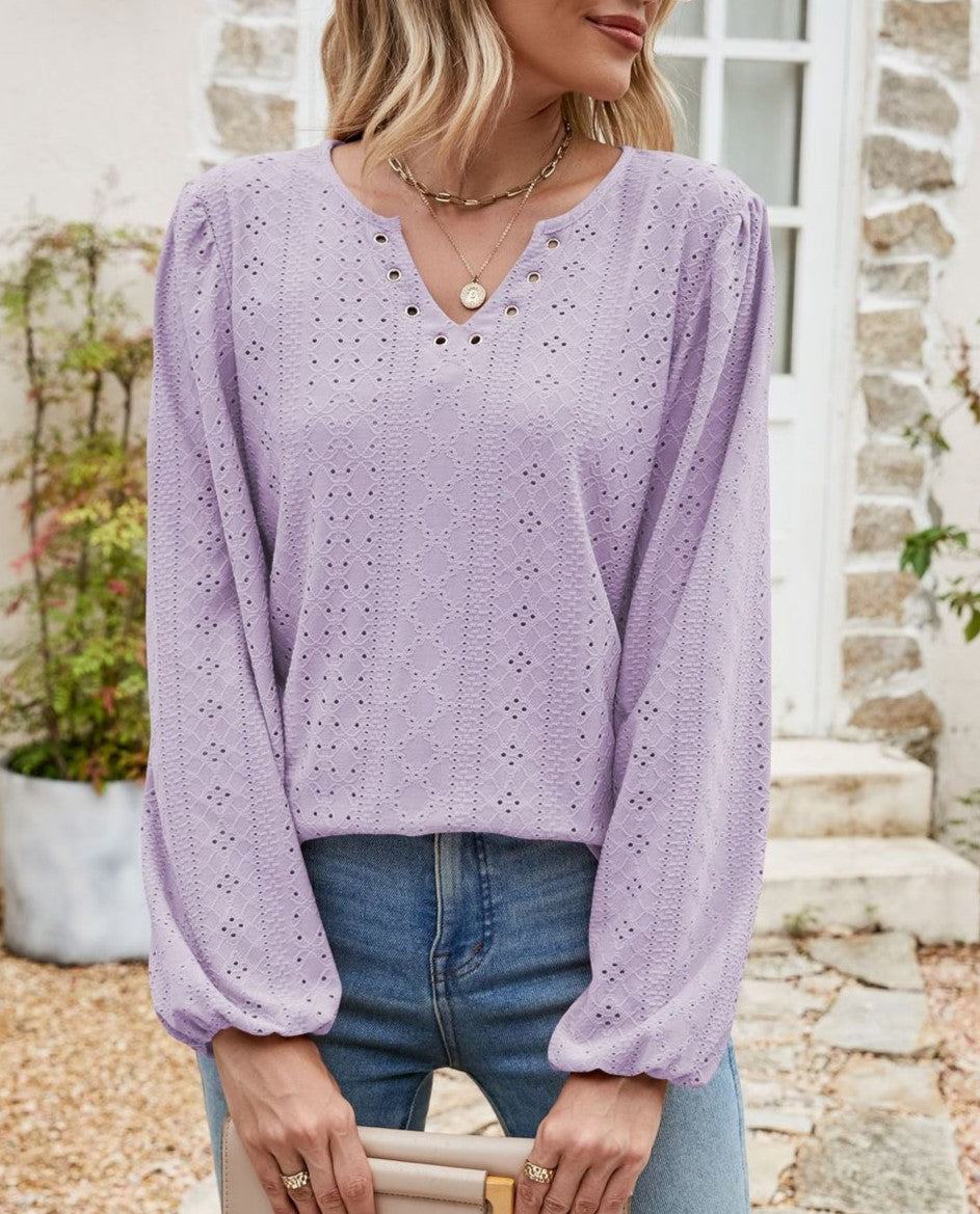Eyelet Knit Grommet Split Neck Tunic Top - Purple - 2