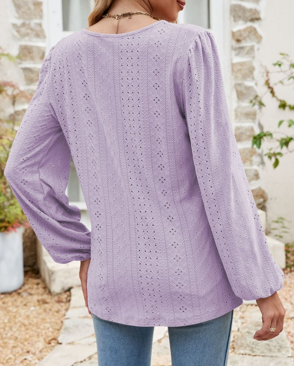 Eyelet Knit Grommet Split Neck Tunic Top - Purple - 3