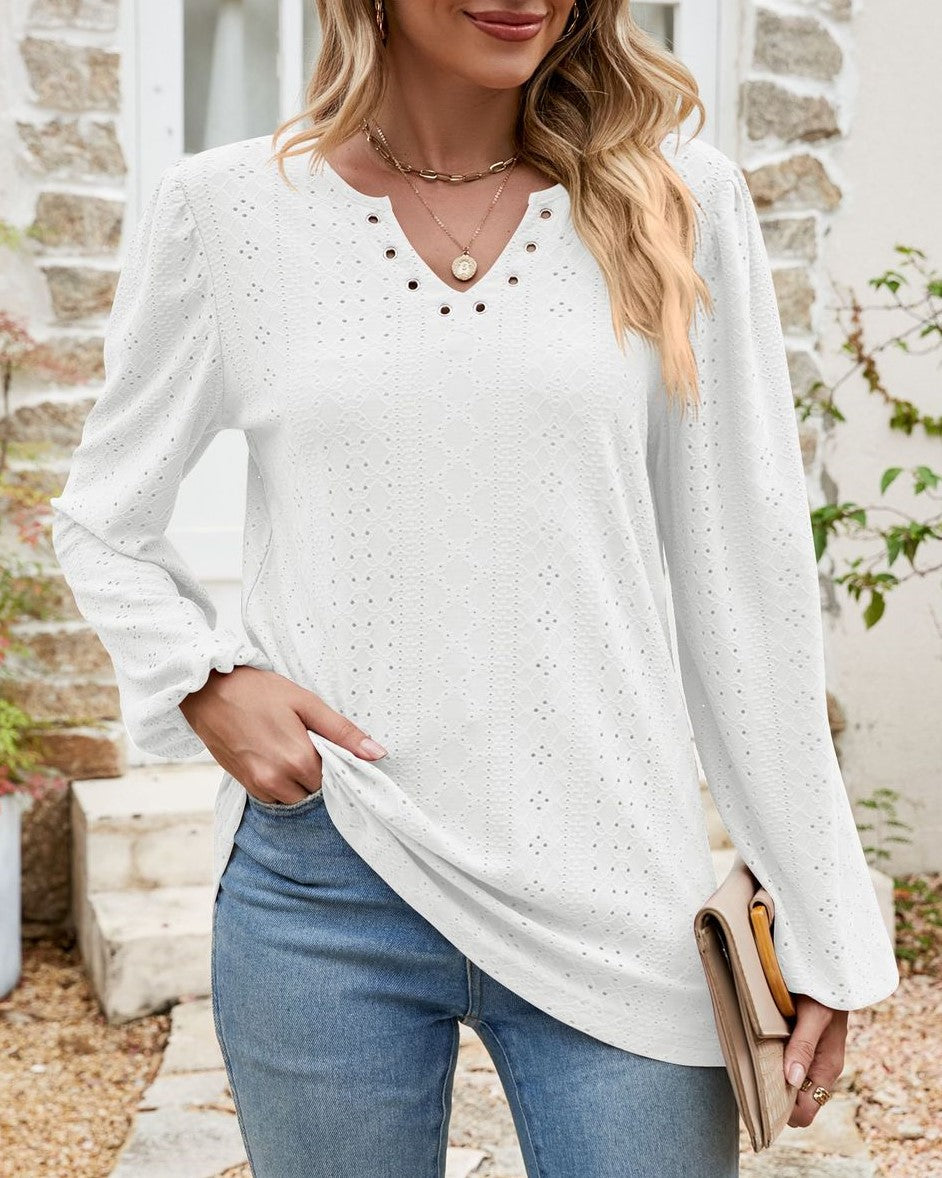 Eyelet Knit Grommet Split Neck Tunic Top - White - 1