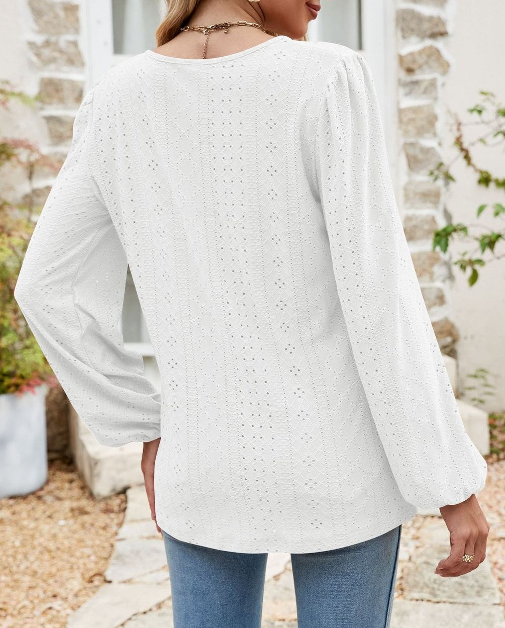 Eyelet Knit Grommet Split Neck Tunic Top - White - 3