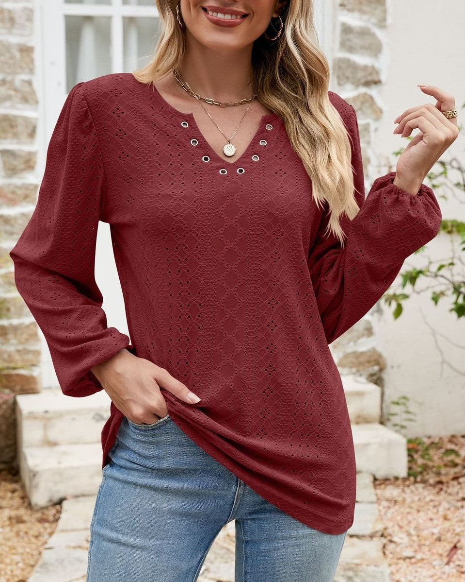Eyelet Knit Grommet Split Neck Tunic Top - WineRed