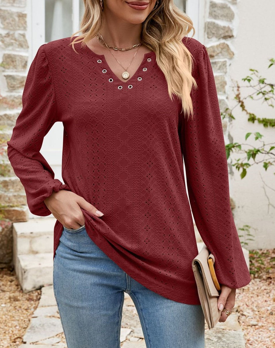 Eyelet Knit Grommet Split Neck Tunic Top - WineRed - 1