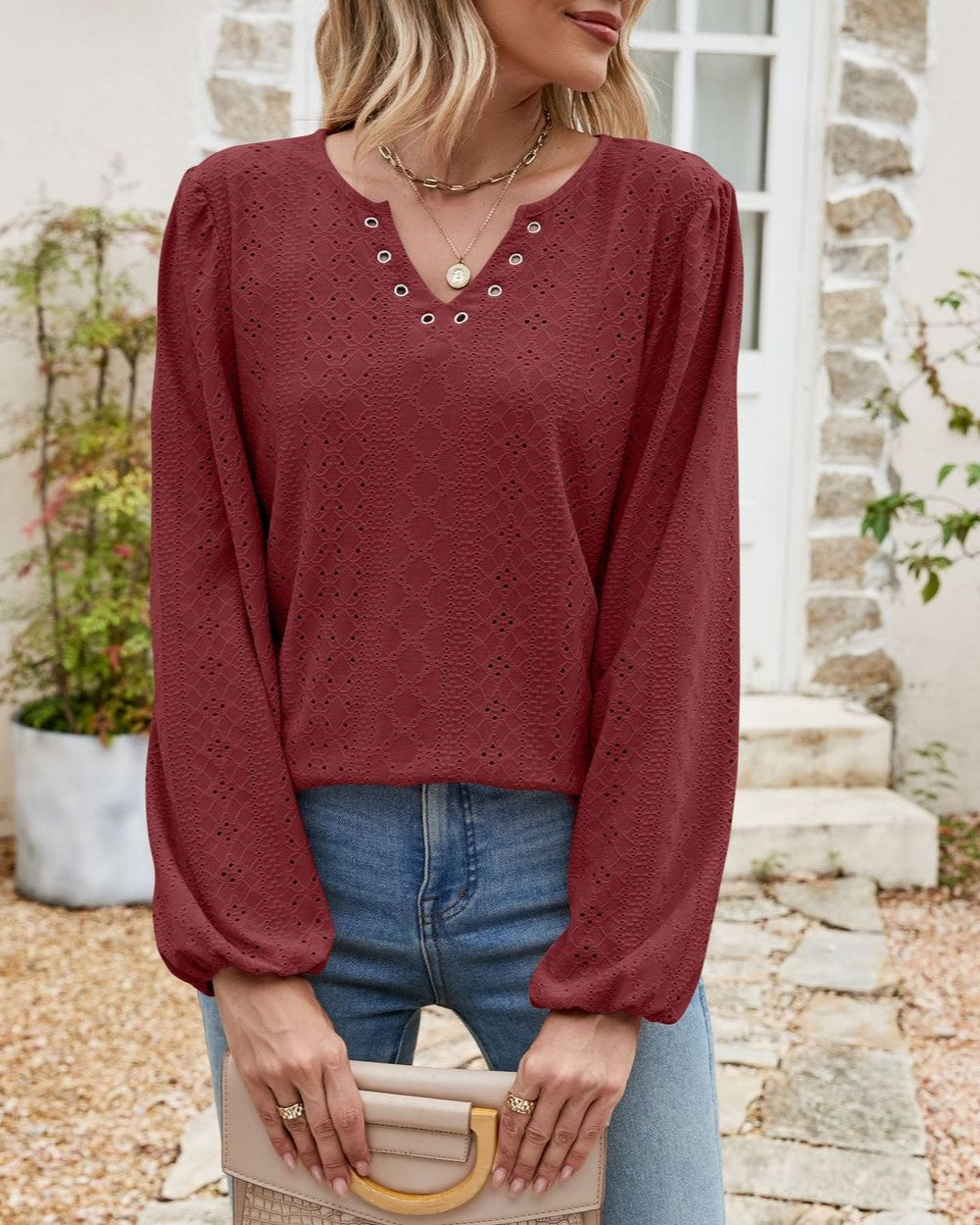 Eyelet Knit Grommet Split Neck Tunic Top - WineRed - 3