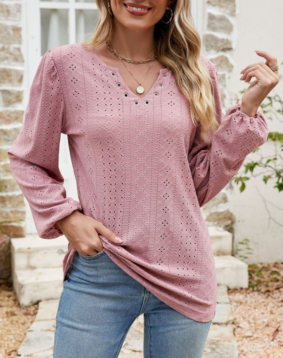 Eyelet Knit Grommet Split Neck Tunic Top