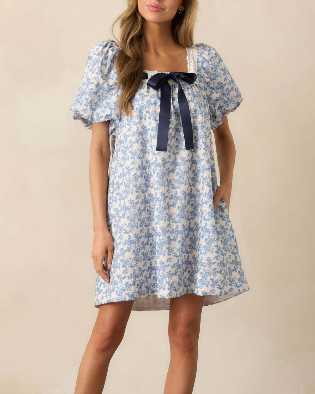 Lace Trim Floral Puff Sleeve Mini Dress - Blue