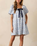 Lace Trim Floral Puff Sleeve Mini Dress - Blue