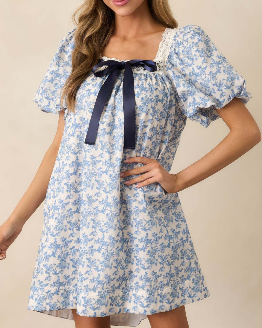Lace Trim Floral Puff Sleeve Mini Dress - Blue - 1