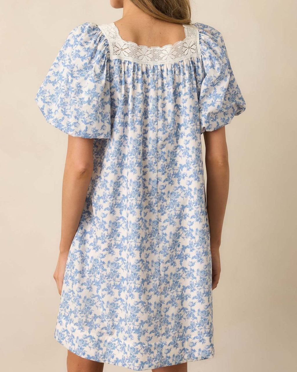 Lace Trim Floral Puff Sleeve Mini Dress - Blue - 2