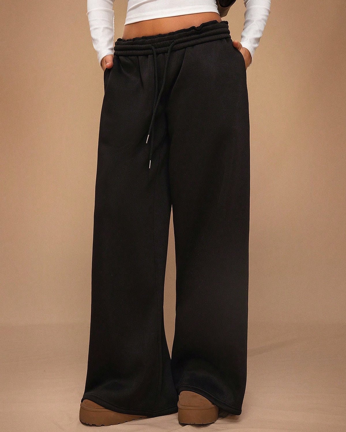 Wide Leg Drawstring Sweatpants With Pockets - Black