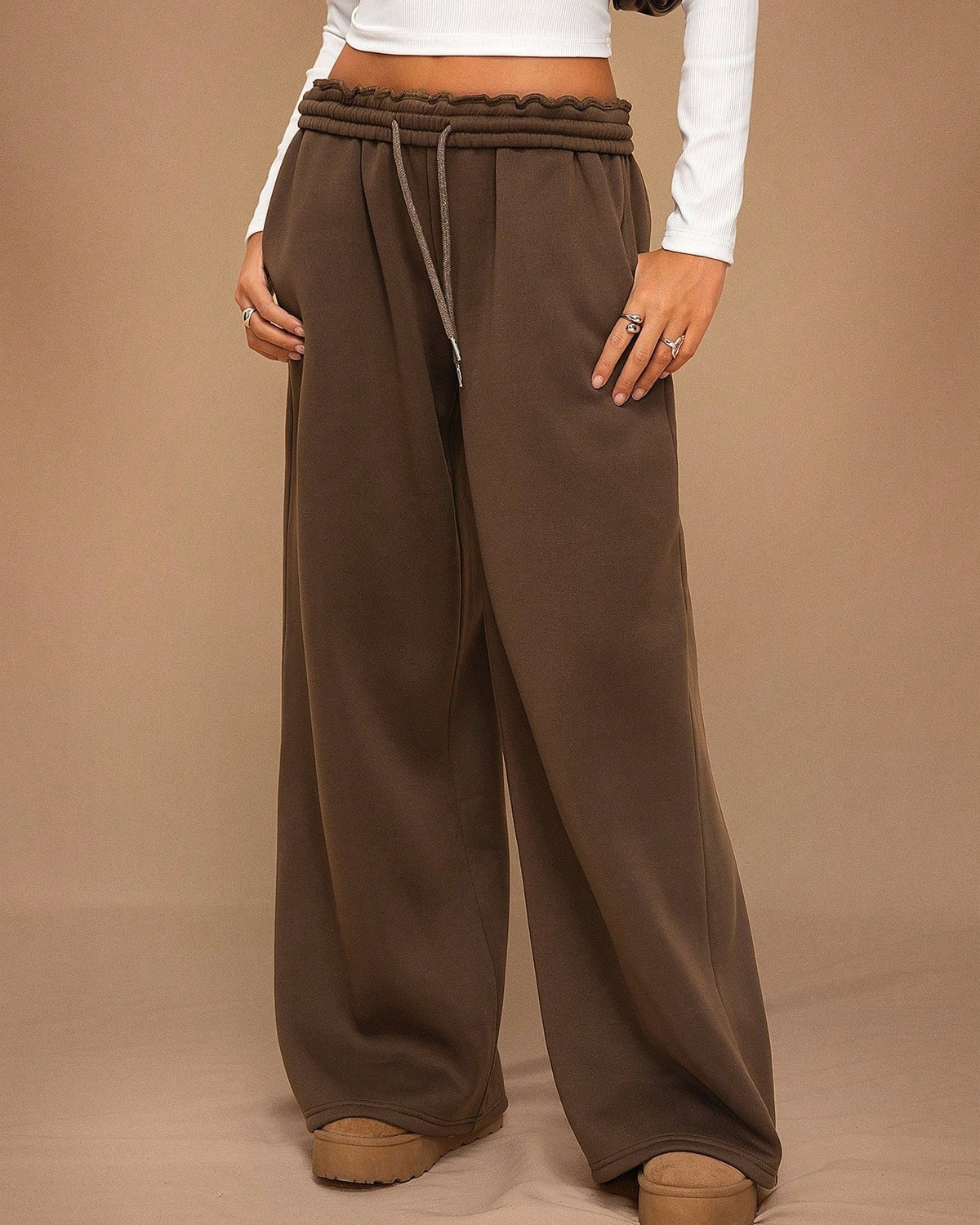 Wide Leg Drawstring Sweatpants With Pockets - Coffee
