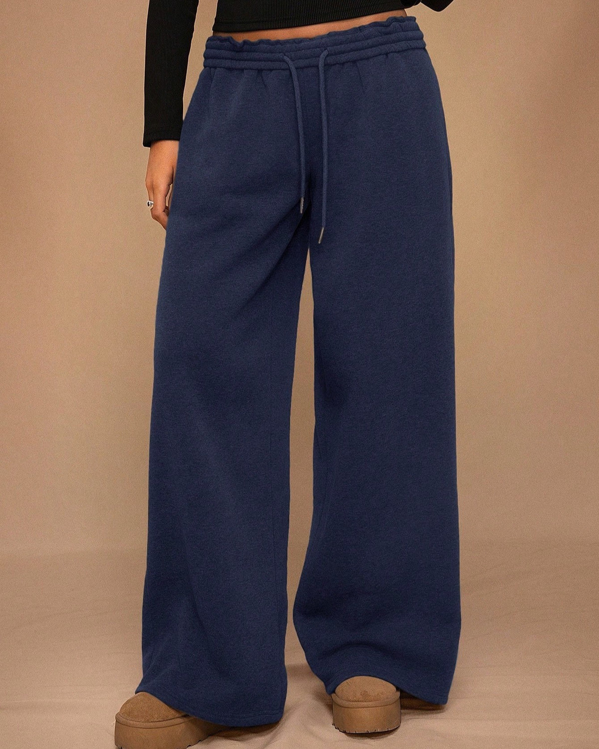 Wide Leg Drawstring Sweatpants With Pockets - Dark-Blue