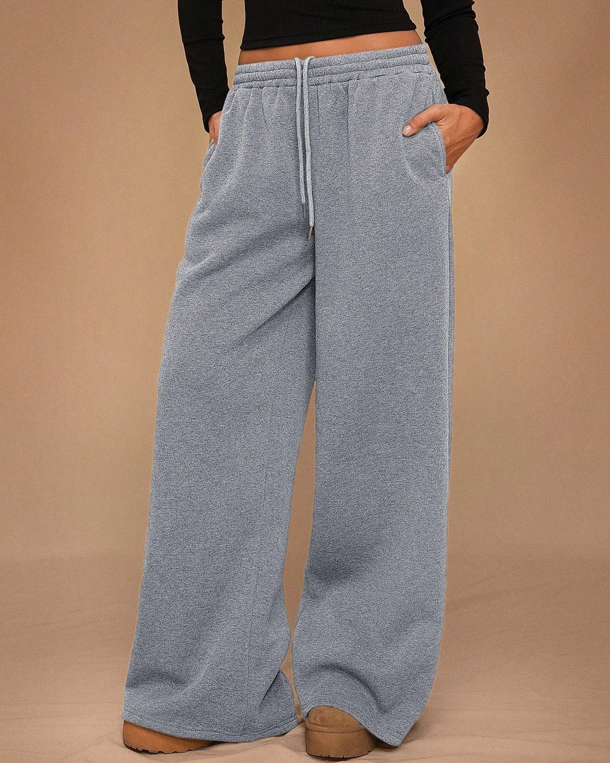 Wide Leg Drawstring Sweatpants With Pockets - Deep-Grey